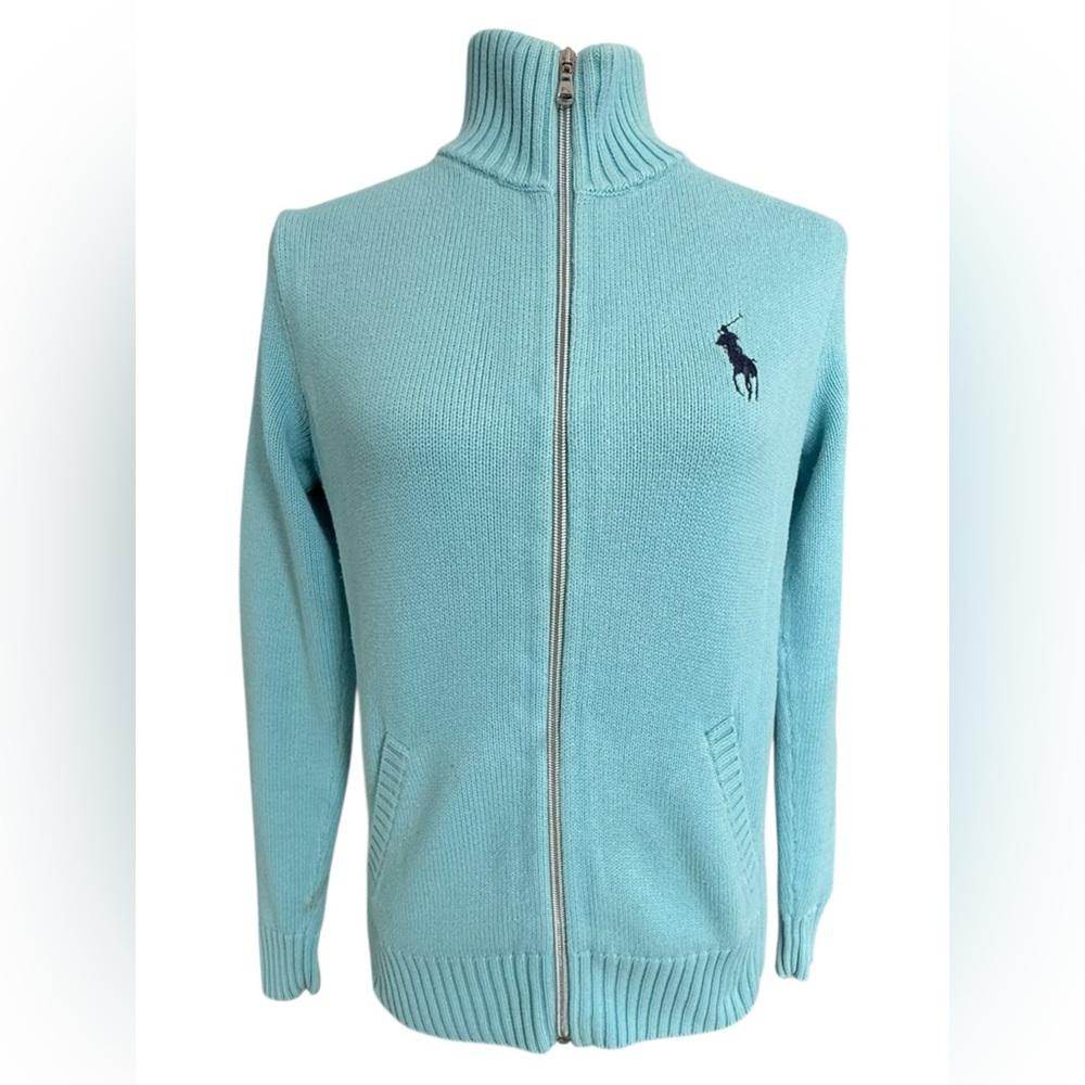 Polo Ralph Lauren Golf W’s Full Zip Sweater Small Aqua sky blue Jacket cotton - Picture 2 of 14